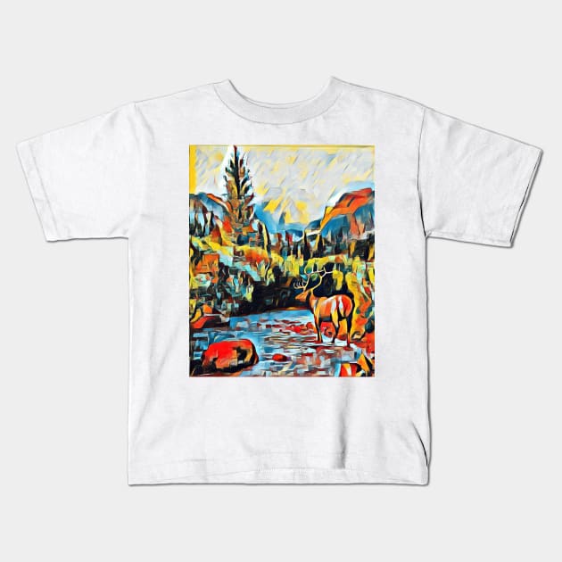 The forest, the creek and the deer in the comics Kids T-Shirt by reyhanartstudio